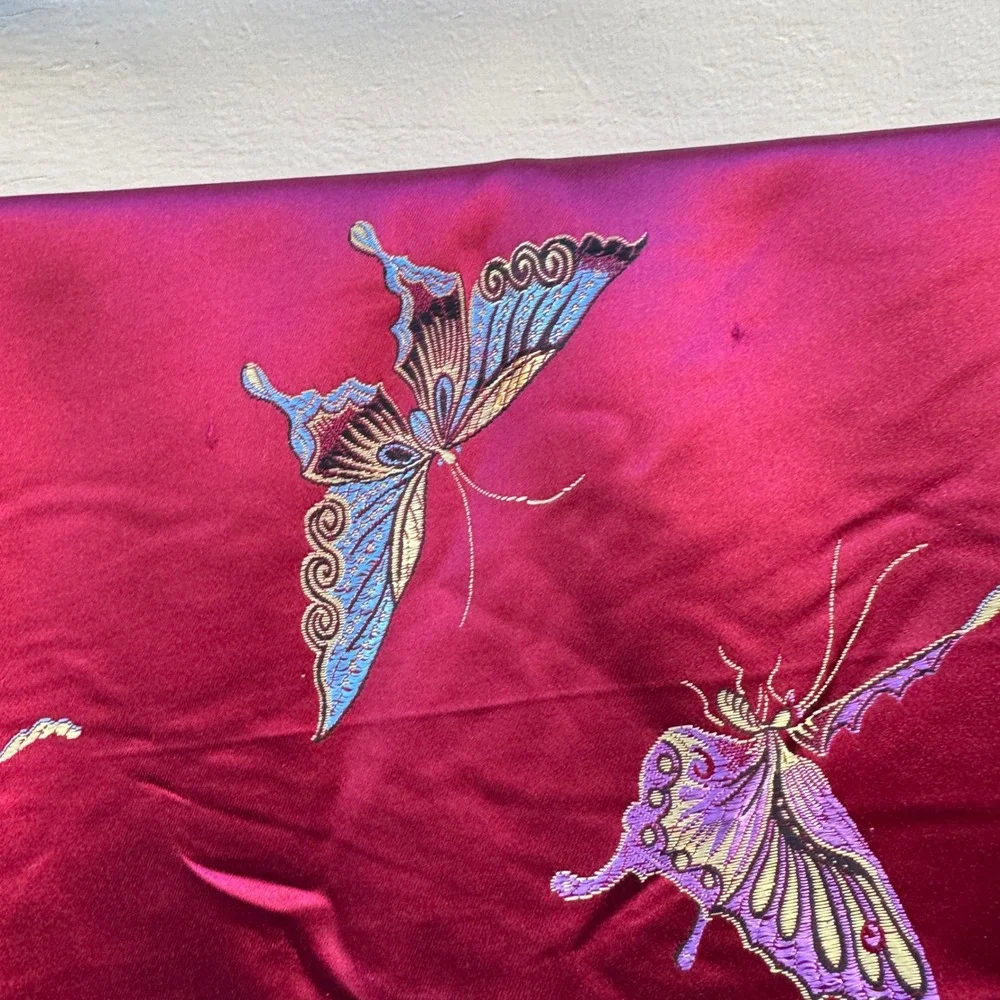 Vintage Butterfly Table Runner Burgundy Red Embroidered Tassel Chinoiserie 78